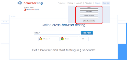 На этом изображении показано, как создать учетную запись на browserling